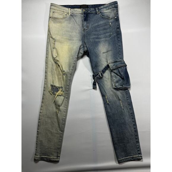 THRT Men's 2-Tone Cargo Pocket Distressed Skinny Denim Jeans - Size 38 (38x32) - Picture 1 of 5